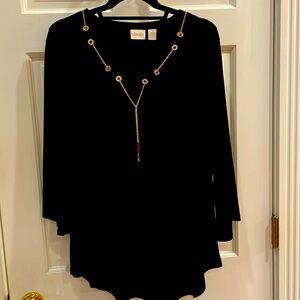 Chico’s Size 2 (12/14) V-Neck Black Top & 3/4 Sleeves. Gold Grommets w/ chain.